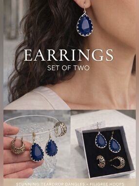 Navy Teardrop Dangle Earrings + Filigree Hoop Set | Silver Tone Bundle